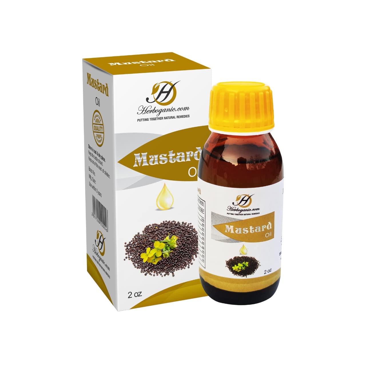 Herborganic Mustard Oil (2oz), 100% Pure and Natural Oil for Hair and Skin, Cold Pressed and Solvent-Free (2 oz)