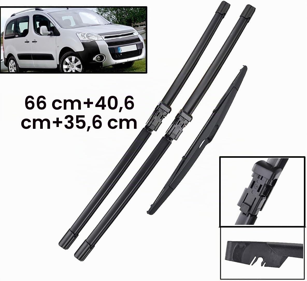 Juego de 3 Limpiaparabrisas, Compatible con Peugeot Partner 2 (2008-2017) | Delantero 26"+16" & Trasero 14" | Silencioso