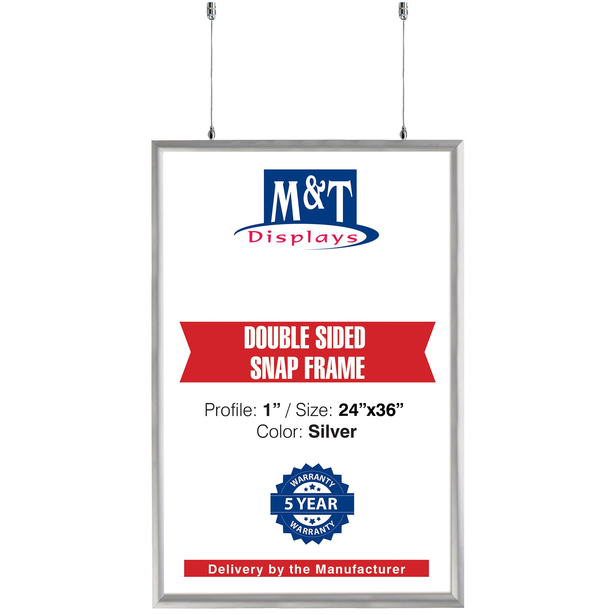 M&T Displays Double Sided Snap Frame Silver 24x36 Inch Picture Poster Holder 1" Aluminum Profile Front Loading Mitered Corner with Hanging Hardware