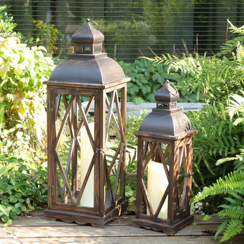 DECORKEY Large Farmhouse Wooden Metal Lantern Set of 2, 30''/22''...