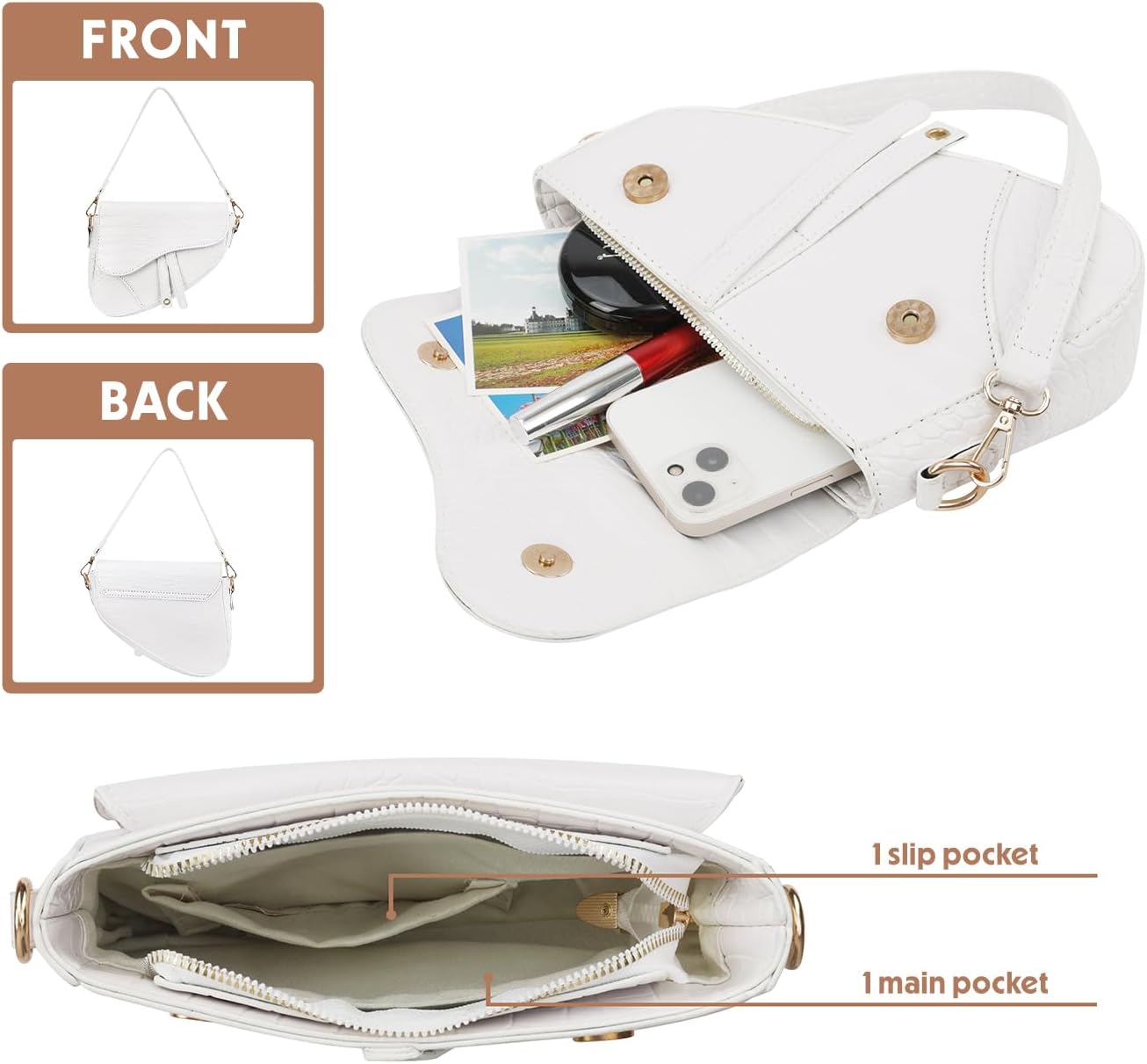 HDE Womens Saddle Shaped Convertible Shoulder Bag Trendy PU Leather Clutch Satchel Crossbody Purse Small Crocodile Handbag