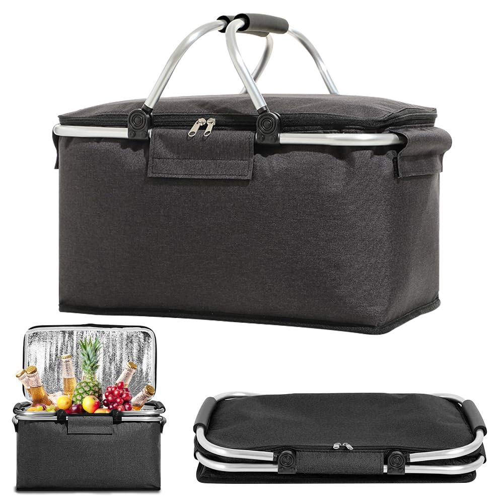 Panier à provisions pliable en alliage d'aluminium de 18 l avec poignée rembourrée et isolation zippée pour voyage/pique-nique, shopping