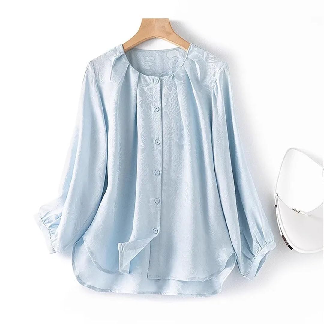 Camisa de manga larga con cuello redondo para mujer, 100% seda de morera, mariposa y flores