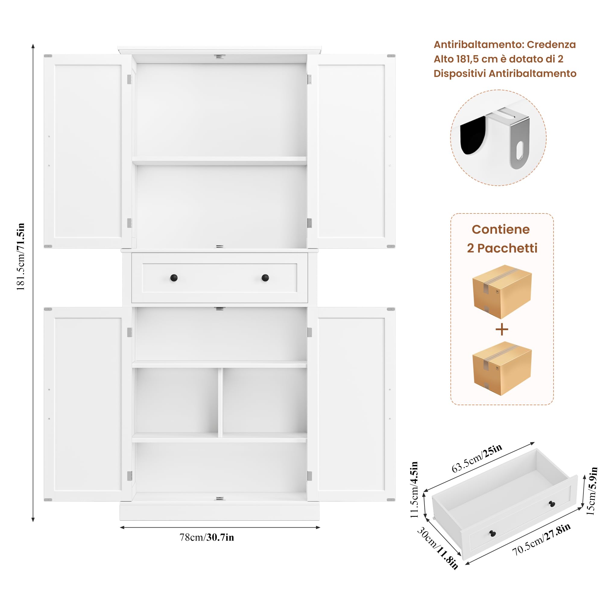 FirFurd Credenza Cucina Alta,Dispensa Cucina con 4 Ante e 1 Cassetti Bianco | Mobile Cucina Dispensa,Antiribaltamento Incluso,Design salvaspazio,Ingombro Ridotto,per Cucina, Soggiorno,78x40x181.5cm