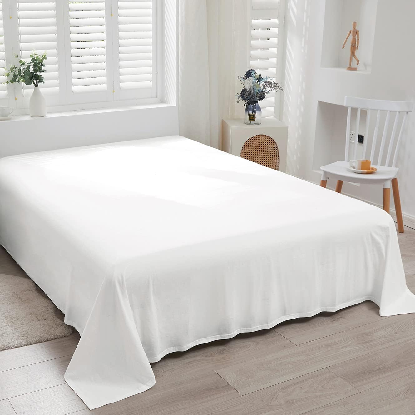 LIFETOWN Flat Sheet Queen, Ultra Soft Jersey Knit Cotton Flat Sheet, White Flat Top