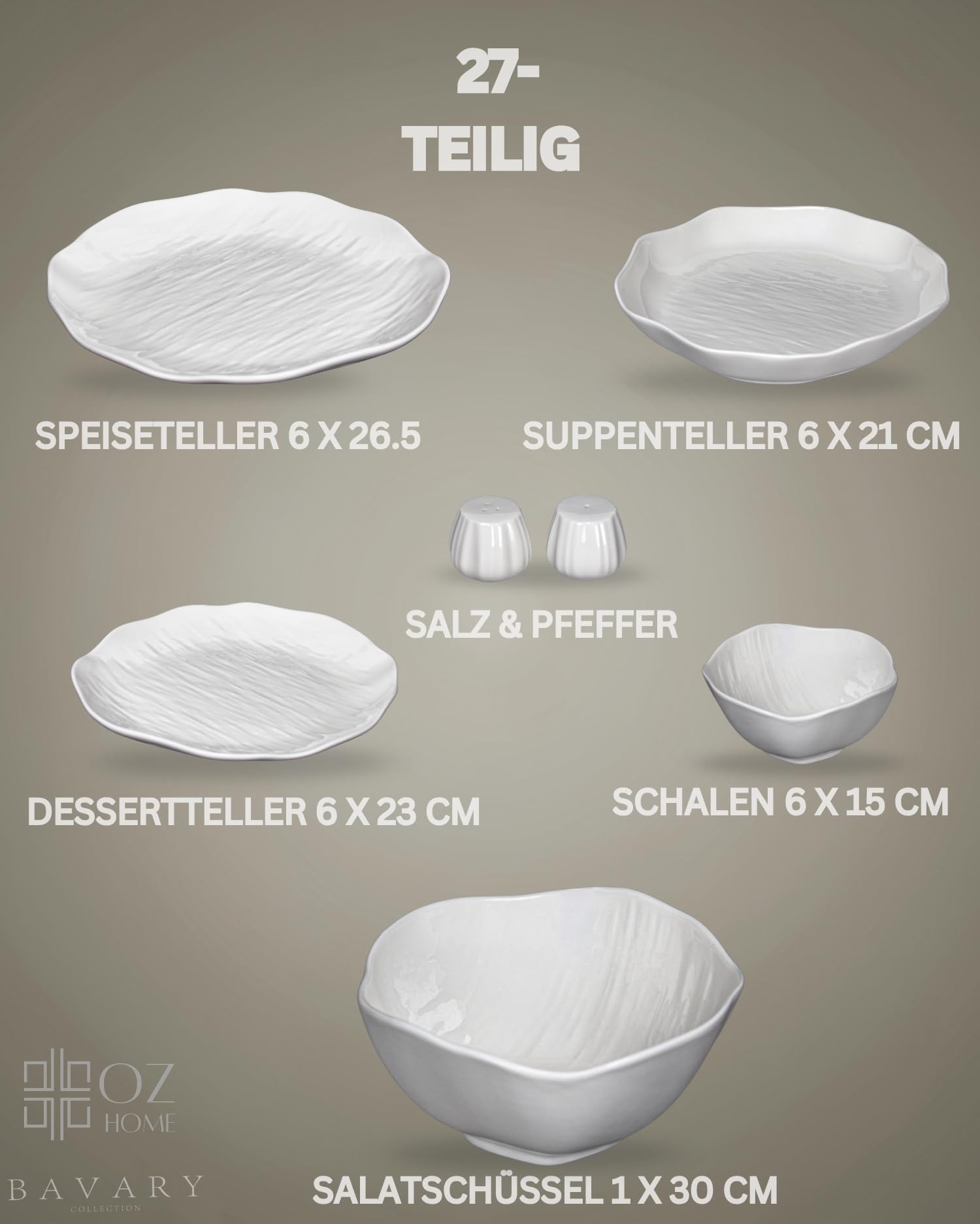Keramik Geschirrset 27-teilig für 6 Personen – BAVARY Cermico – Weißes Tafelservice mit Wellenrand im Scandi-Look, Tellern & Schalen – spülmaschinenfest & mikrowellengeeignet