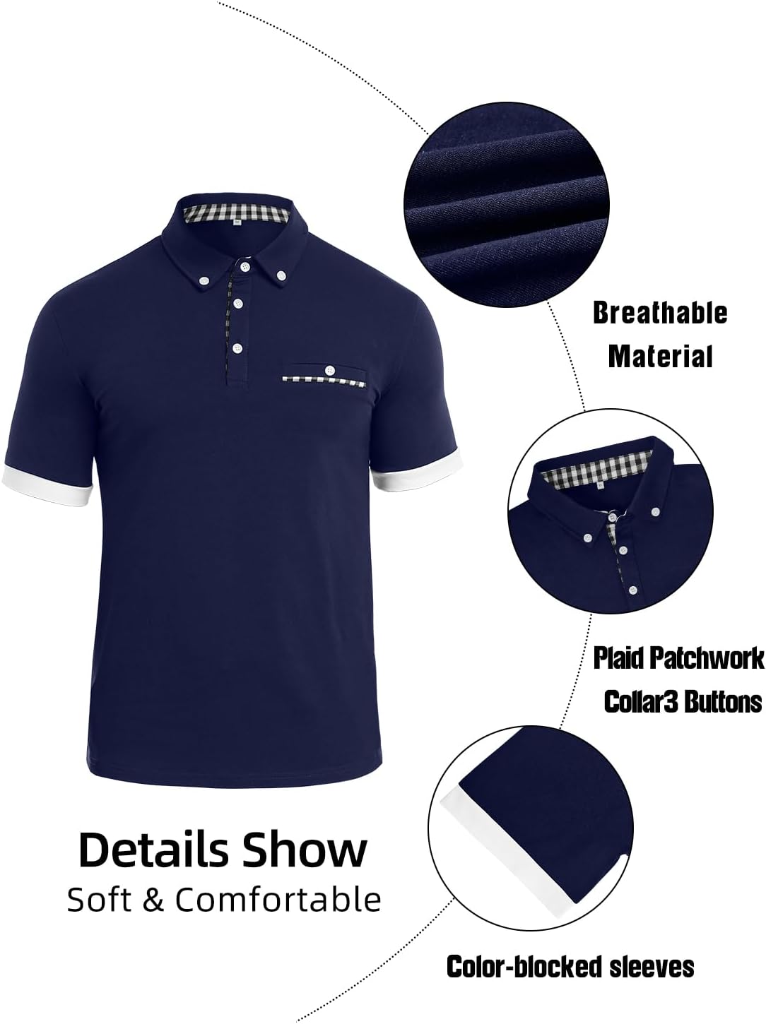 Mens Casual Short Sleeve Summer Polos Plaid Splice Fashion Button Cotton T-Shirt Golf Tennis Tops - Image 7