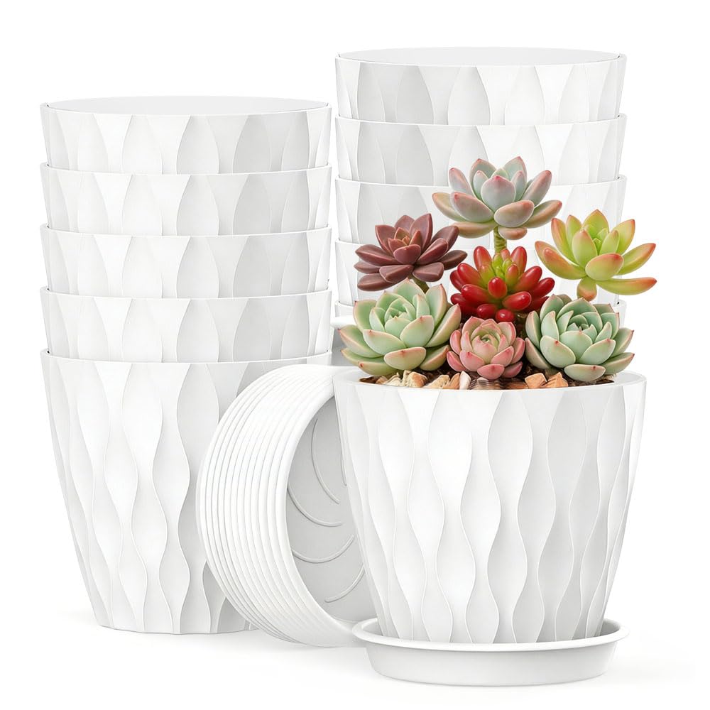 Weciau White Plant Pots Indoor, 12Pack 10Cm Thick Flower Pots With Drainage Holes And Saucers, Wave Pattern House Plant Pots For Flowers Herbs Succulents Cactus (White)