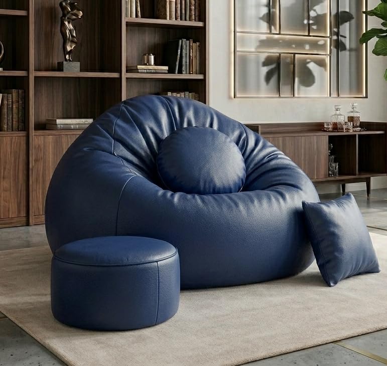 Image of Premium 2XL Lamba Leather Teardrop Bean Bag Cover & Chair Set with Footrest & Two Cushion, Faux Leather, Indoor Gaming and Lounging, Adult Size (Navy, XXL, Solid)