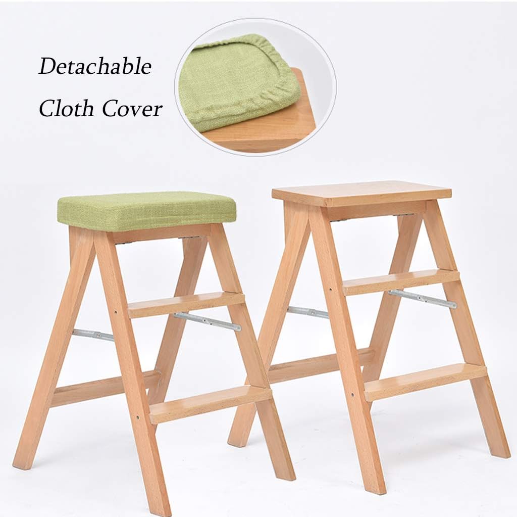 Household Small Ladder,Foldable Chairs Stool with Detachable Cloth Cover,Indoor Thickening Wooden Stepladder,for Living Room/Kitchen/Balcony,Max Load 100kg