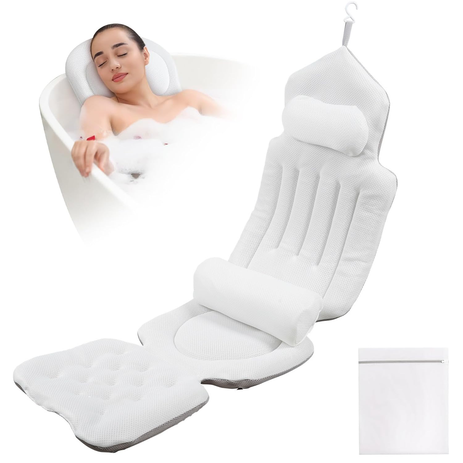 Coussin de Bain Complet,avec Soutien Lombaire Amovible et Sac à Linge,Confort Détente Spa Accessories Parfait pour l'immersion dans la Baignoire(Blanc)