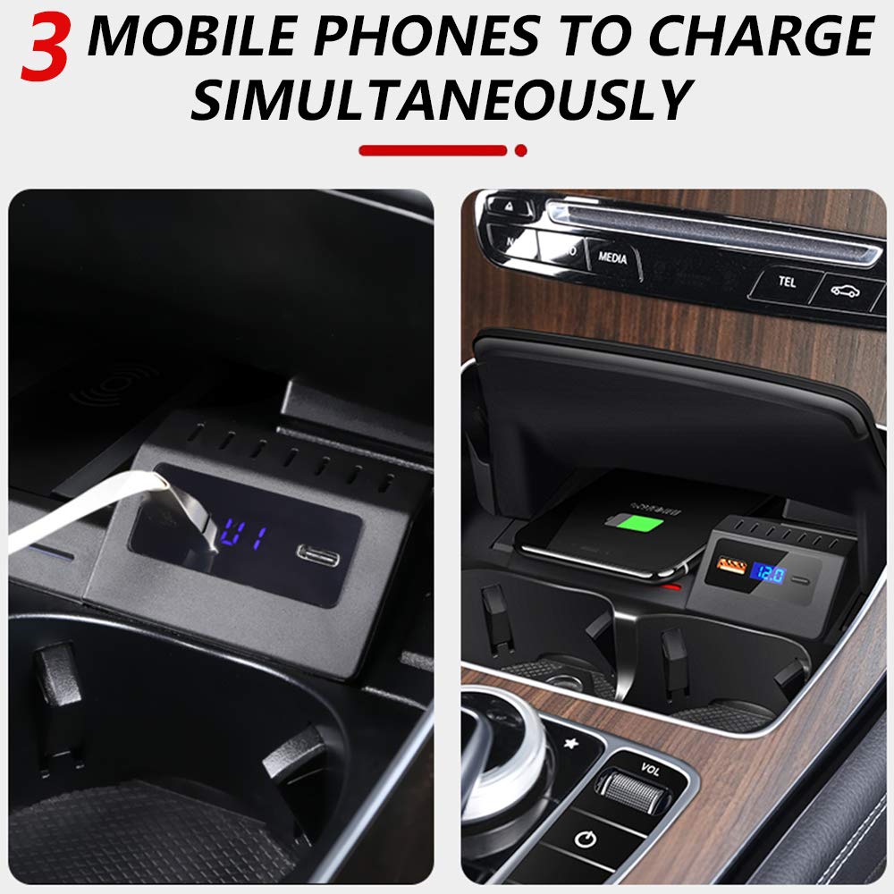 Upgrade Kabelloses Ladegerät Auto für Mercedes-Benz C-Class GLC 2021 2020 2019 2018 2017 2016, 15W Wireless Schnell-ladegerät mit QC3.0 USB und 18W PD für iPhone 12/11/X Samsung S20/S10/S9
