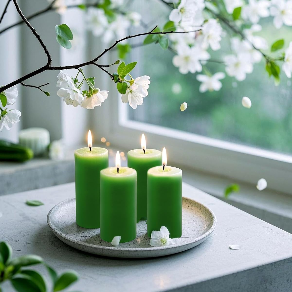 4 Pack Green Tea Scented Pillar Candles, 2x4 Inch, Long-Lasting, Dripless and Smokeless, Ideal for Home Décor, Parties Weddings and Relaxation