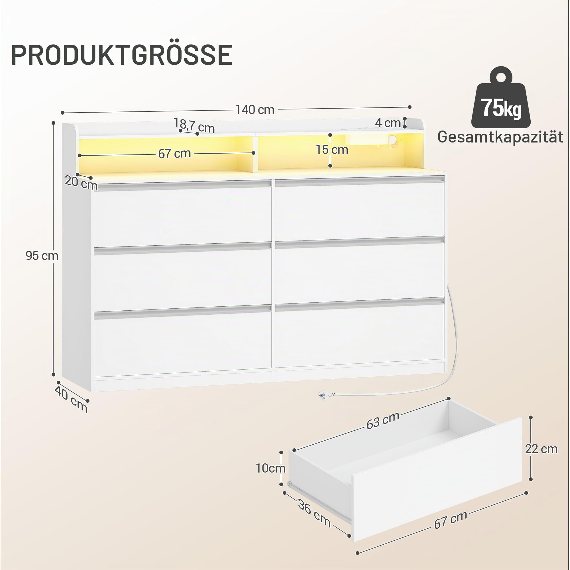 Hzuaneri Kommode mit LED-Beleuchtung, 6 Schubladen, 40 x 140 x 95 cm, Weiß | Moderner Seiten-Schrank, Mehrzweck-Aufbewahrungsmöbel für Schlafzimmer, Wohnzimmer, Eingangsbereich, 1214003XEU