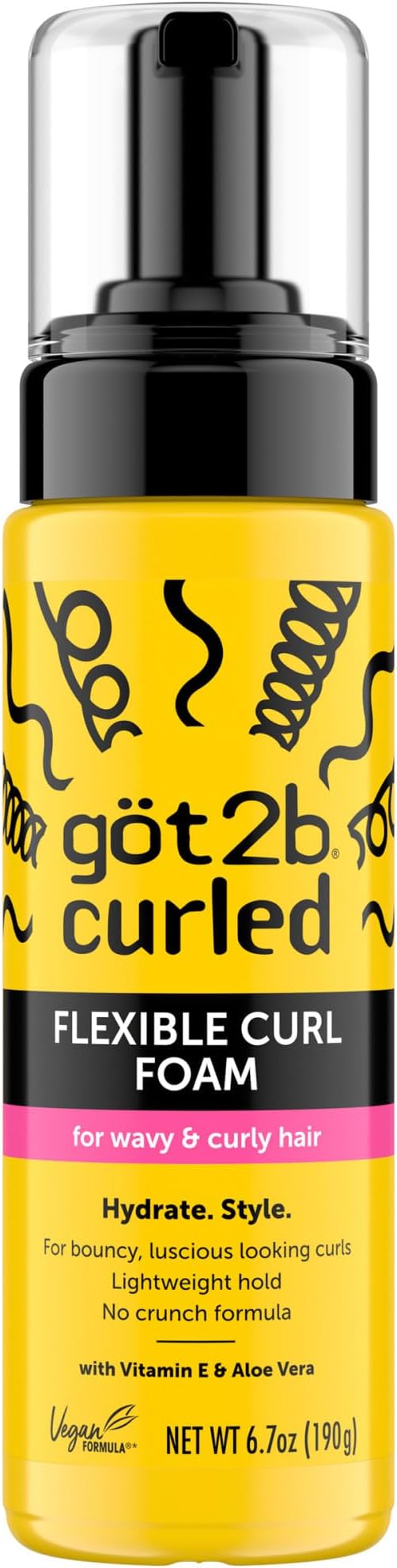 Got2B Curled Flexible Curl Foam, 190g, Hair Mousse for Frizz Control and Heat Protection, Lightweight Hold, No-Crunch Definition for Wavy & Curly Hair Styling, Aloe Vera & Vitamin E Infused