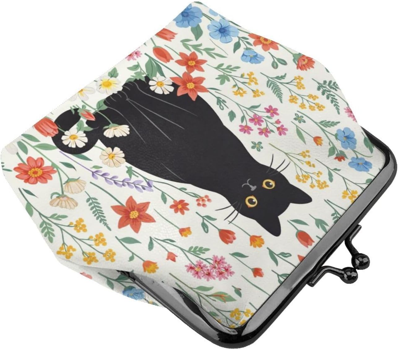 Kiss-lock Coin Purse for Women Change Purses Cute Small Coin Pouch Tiny Coin Wallet (Black Cat and Flower)