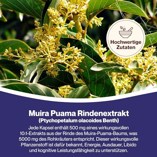 Muira Puama (Potenzholz) 5000mg Äquivalent (500mg von 10:1 Extrakt) 120 Vegane Kapseln, Laborgeprüft, Hochdosiert, Nicht GVO, keine Füllstoffe oder Zusatzstoff