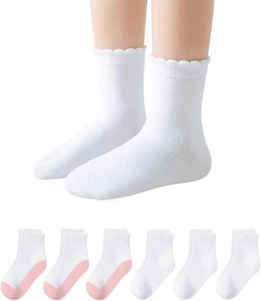 Funjoon 4-10Y Girls Ruffle White Cotton School Uniform Socks Cute Crew Ankle Scallop Dress Socks for Kids 6 Pack