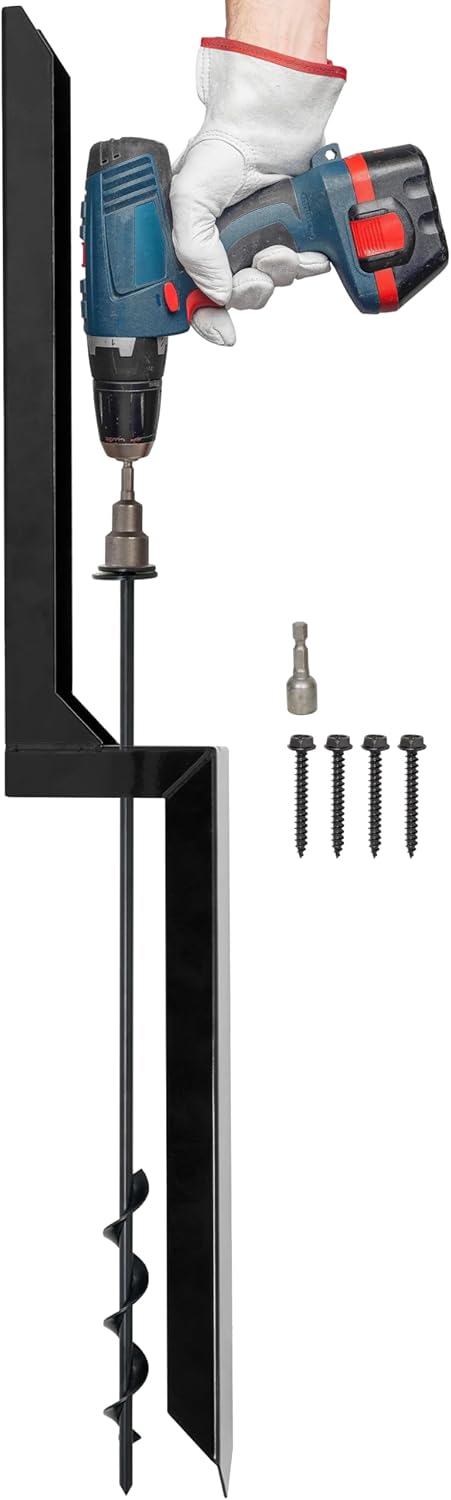 Heavy Duty Steel Fence Post Repair Stakes with Ground Anchor Screw in, Fix Anchors Ground Spike for Fence Posts, Repair Tilted/Broken Wood Posts (Black - 1 Pc)