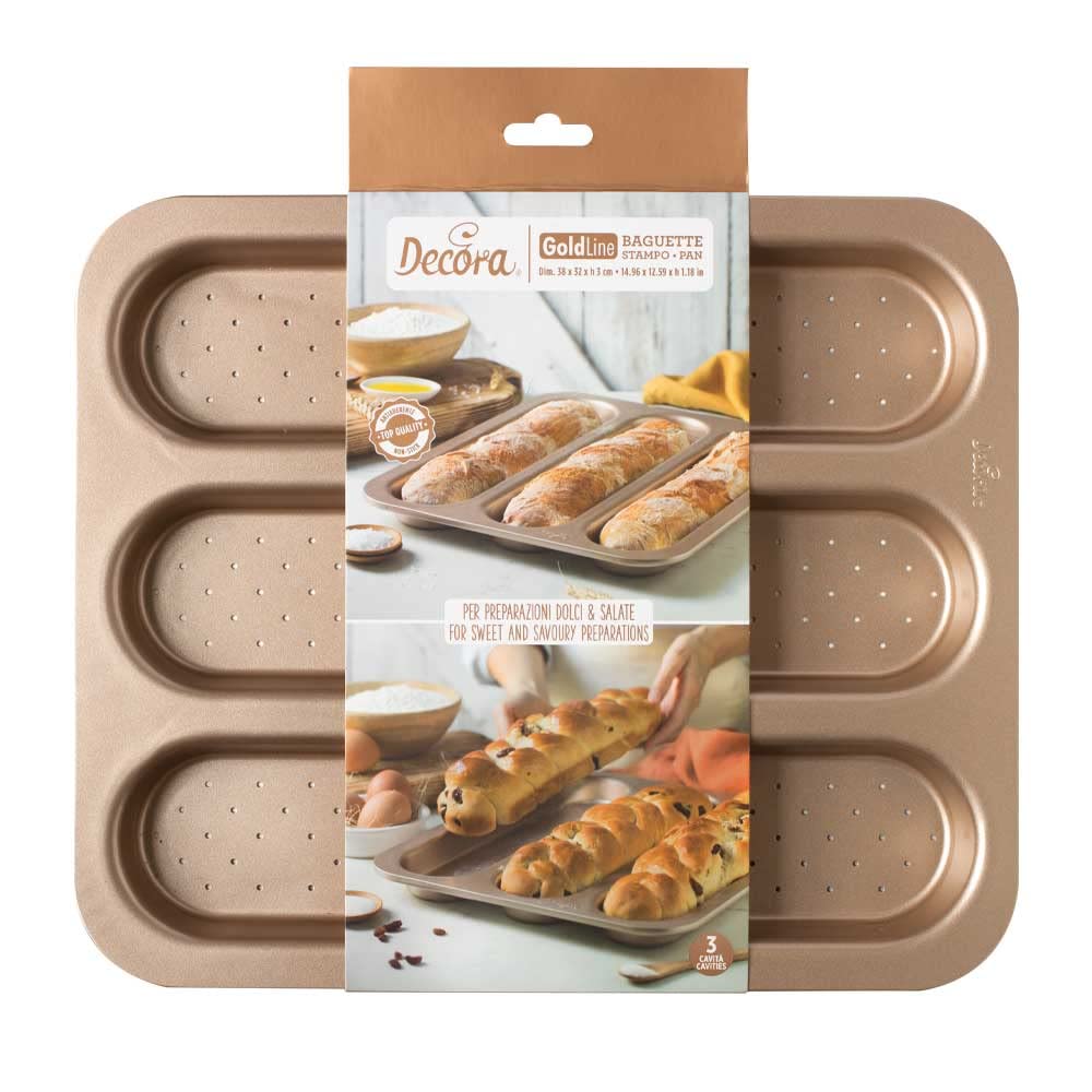 Decora, 0070105 Gold Line Baguette Baking Mould, 3 Cavities 34.3 x 7.8 x 3 cm, Ideal for Baking 3 Baguettes, Non-Stick Metal