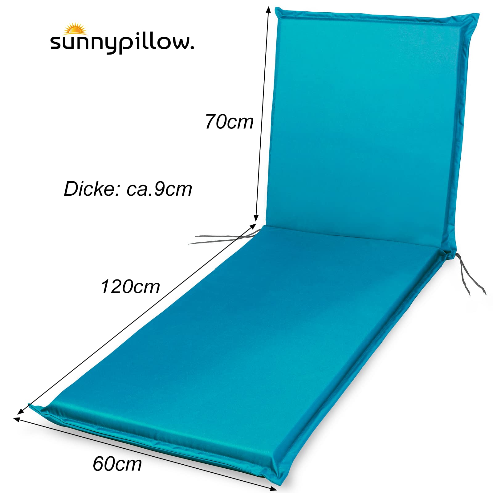 sunnypillow 2 poduszki na leżaki 190 x 60 cm, bardzo grube poduszki na meble ogrodowe, 9 cm, nadają się do prania, wodoszczelne | poduszki na leżaki ogrodowe, leżaki do opalania, poduszki | niebieskie