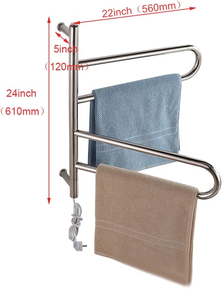 Aly Electric Towel Warmer Rack Stainless Steel Heated Bars Rotatable Radian Polishing Bath Towel Heater 55W Low Energy