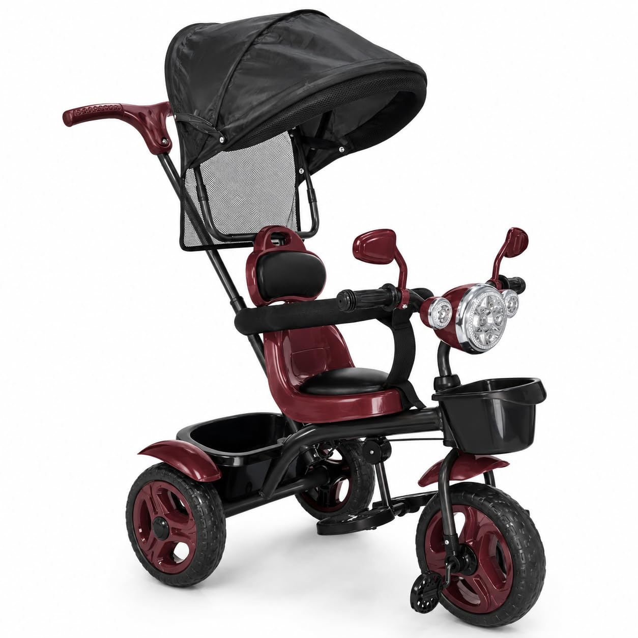kidsROAR Stroller Tricycle for Kids for 1 Year+ | 2 Year+ Baby Cycle with Rotational Leather Seat | Light Music | Removable Canopy | Push Handle | 4 in 1 Baby Cycle for 1 Year Kids (5004 RED)-image-2