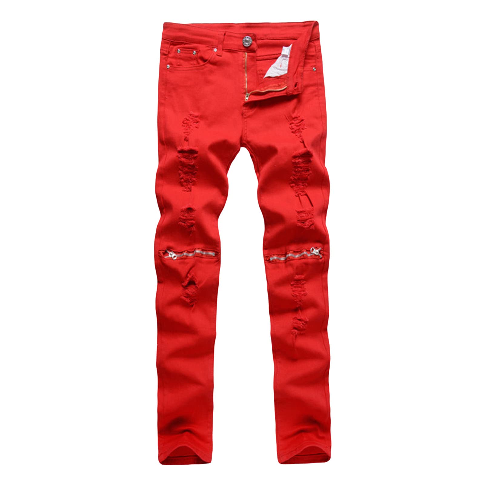 Mens Ripped Patch Casual Slim Jeans Stretch Skinny Fit Distressed Denim Trouser Destroy Moto Biker Pants Red 32