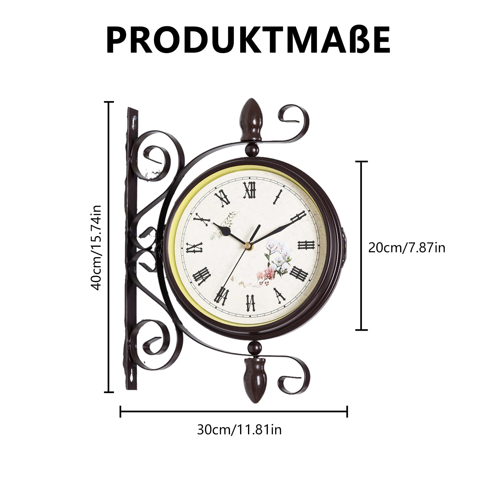 Bahnhofsuhr doppelseitig,Wanduhr im antiken Stil,30 X 40cm,Batterie, Eisen Bahnhof Stil,Metall, Zwei Gesichter,Gartenuhr im Vintage-Stil für Bahnhof, Flur oder Garten (ländlich-Braun)