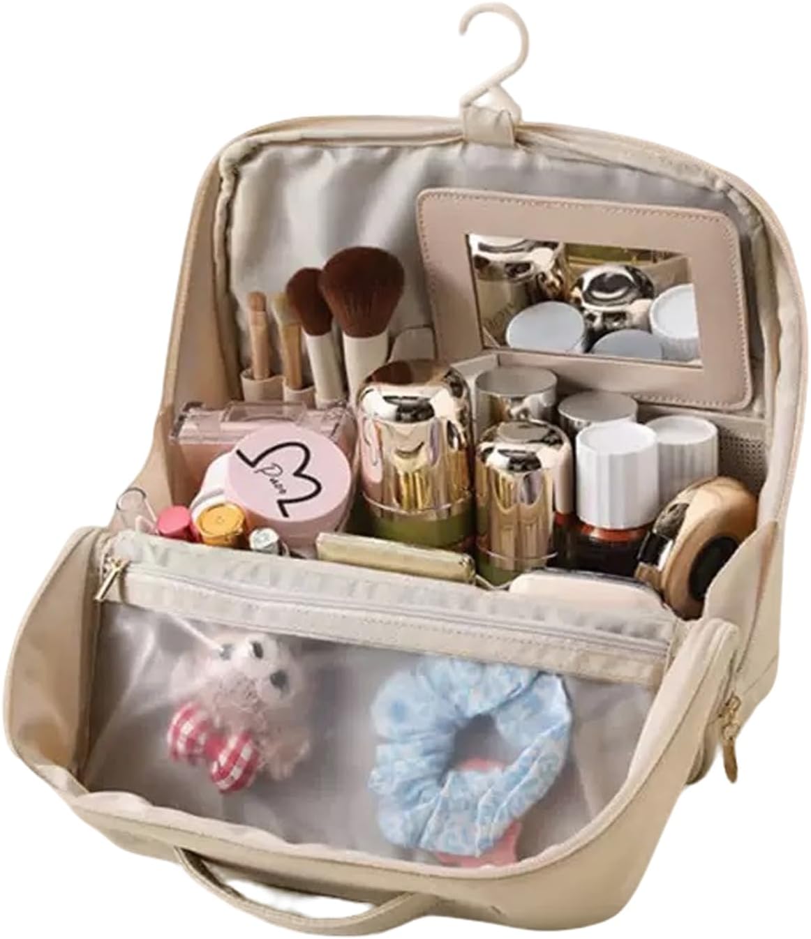 Hanging Makeup Bag with Mirror & Stand – Large Capacity Travel Cosmetic Organizer for Women, Waterproof, Zipper Closure, Perfect for Vanity, Bathroom, Gym, or Travel (Beige)