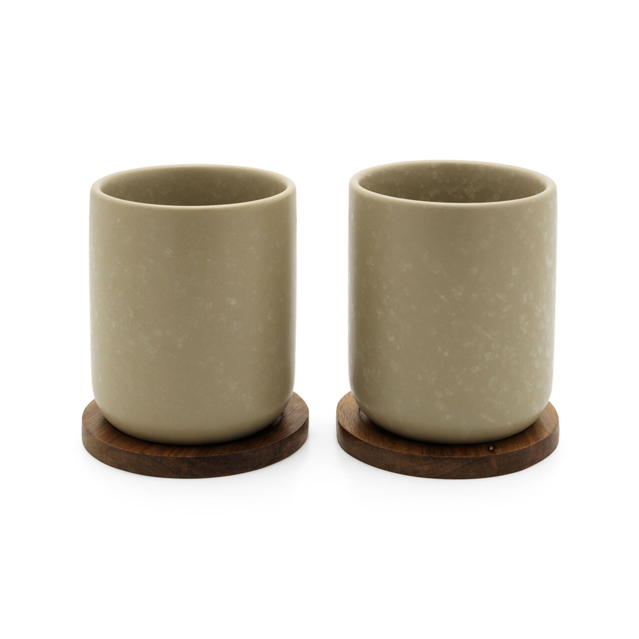 Bredemeijer Teebecher Set 2-teilig beige aus Keramik - Steingut Tassen je 200 ml & Holzuntersetzer