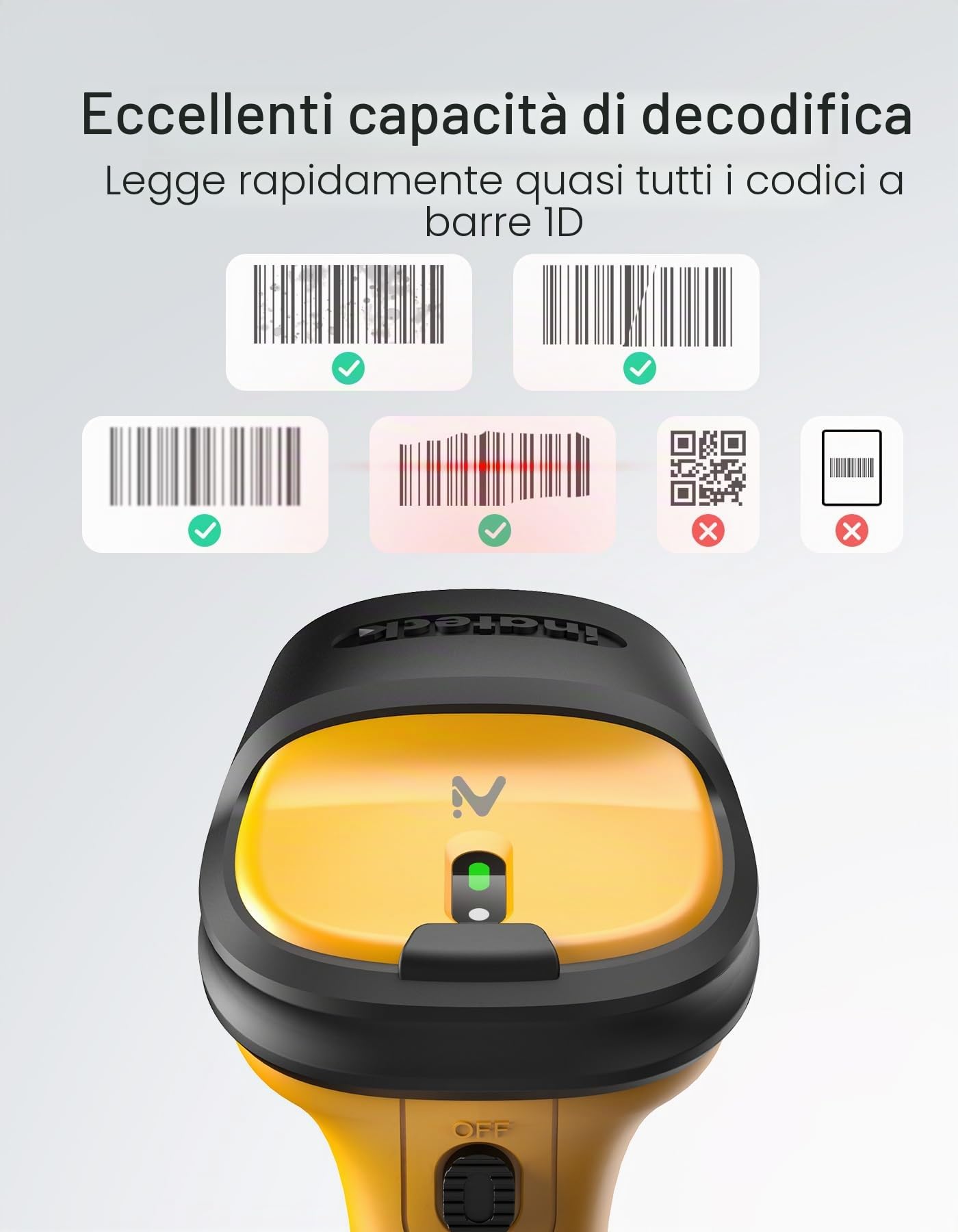 Inateck Lettore Codici a Barre Wireless AI, 2.4GHz Barcode Scanner | Portata 60m Batteria 2600mAh Durata Batteria Uso ininterrotto 1 Mese | Lettura Automatica Veloce e Precisa, P6-AI