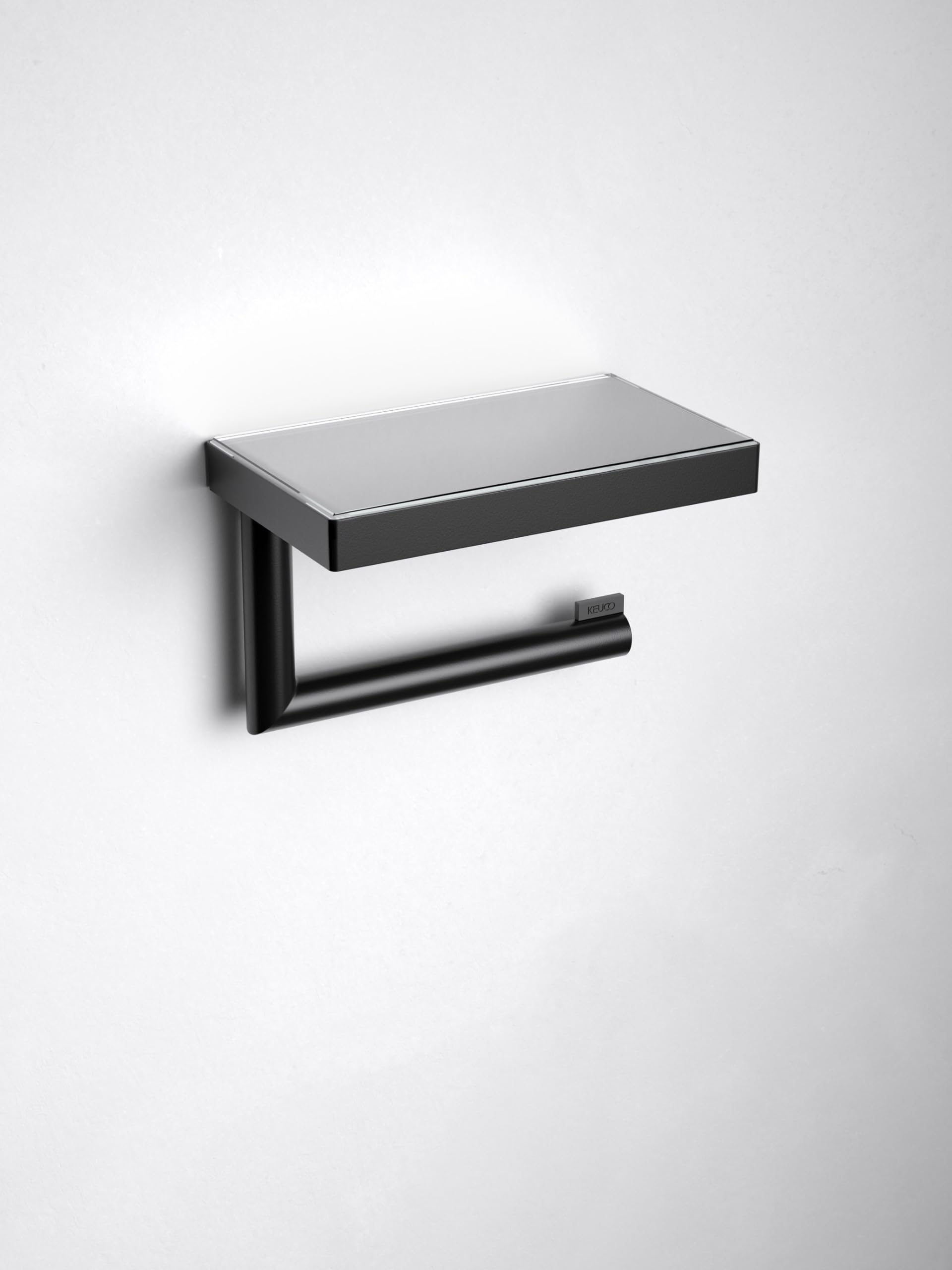 Keuco Reva Portarrollos, Forma Abierta, con repisa, Metal Negro | Made in Germany, orientable, incl. tornillos y tacos, soporte para papel higiénico para taladrar