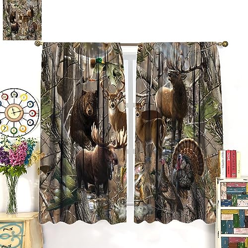 Benyasong Forest Camouflage Blackout Window Curtain, Camo Rustic Deer Elk Bird Bear Home Drapes Thermal Insulated Room Darkening Curtains For Living Room Bedroom Window Drapes 2 Panels 42X45 Inch thumb #2