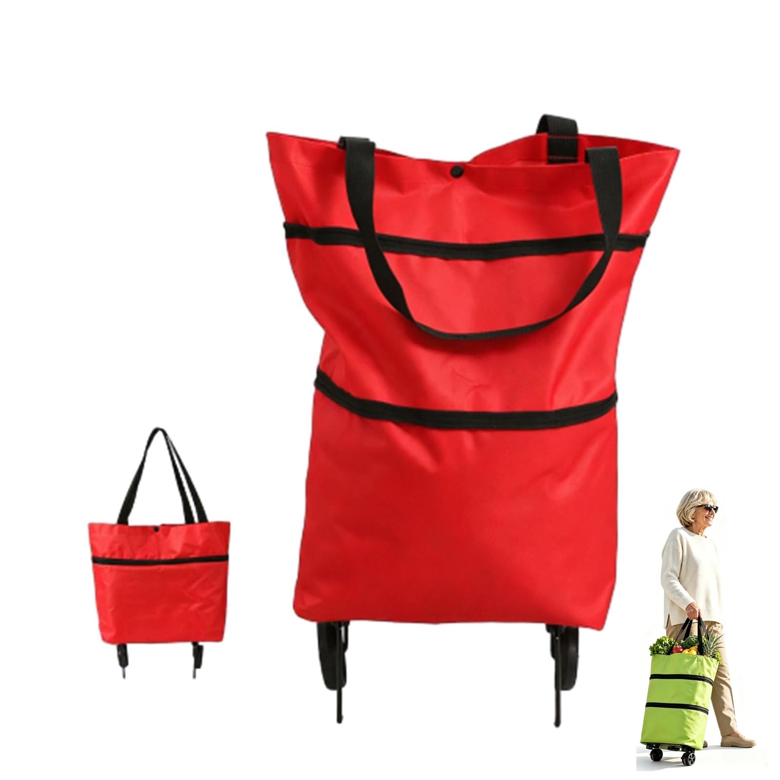 2-in-1 Foldable Shopping Cart with Wheels, Folding Shopping Cart Bag (red)