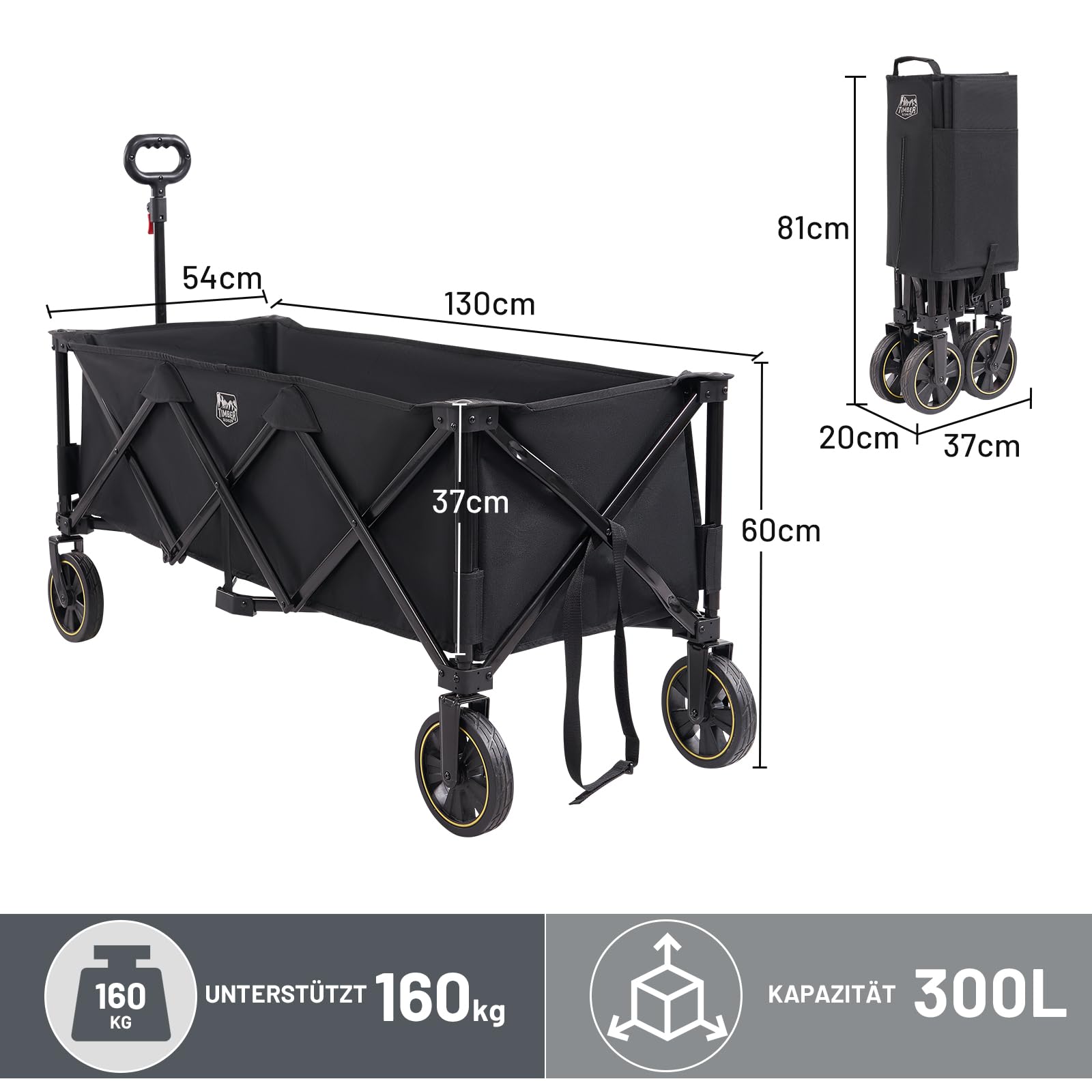 TIMBER RIDGE XXXL Bollerwagen Faltbar 300L 160KG mit Netze als Fallschutz Transportwagen mit Bremse Seitentasche Getränkehalter verstellbarem Griff, Gartenwagen Strandwagen für Alle Gelände Schwarz | 160KG Handwagen Klappbar mit Bremse Seitentasche Geträn
