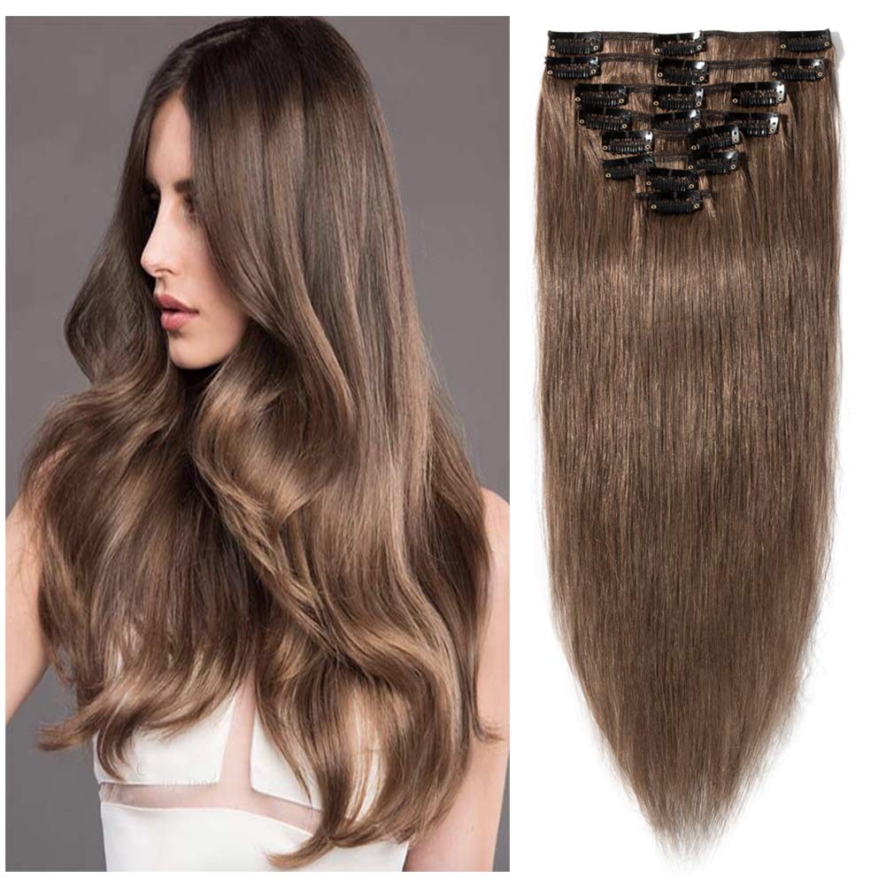 Clip in Hair Extensions Light Brown 8 Inch Remy Human Hair Skin Weft Clip ins Full Head 8pcs 18 Clips Soft Straight Hair for Women Party 8-24 inch Highlighted Ombre 45g #6