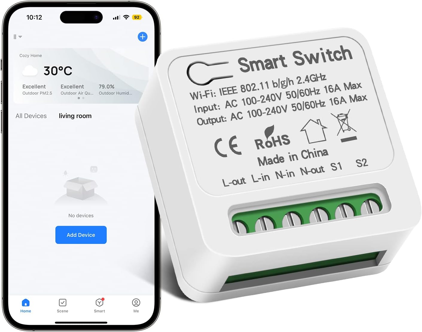 Mini WiFi Smart Light Switch DIY Breaker Module，WiFi Smart Relay Switch Controlled by Smart Life/Tuya App，Compatible w/ Alexa Echo and Google Home，Support 1 Way or 2 Way 100V-240V 16A，white