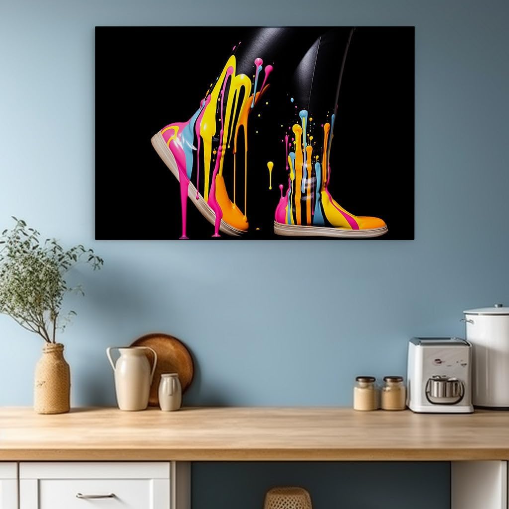 Canvas for Living room. Vibrant Rebellion: Playful Paint-Splattered Shoes Meet Sleek Leather Trousseau, 27 x 18 inch Canvas Wall Art - Nature Home Decor - 69x46 cm (27x18 inch)