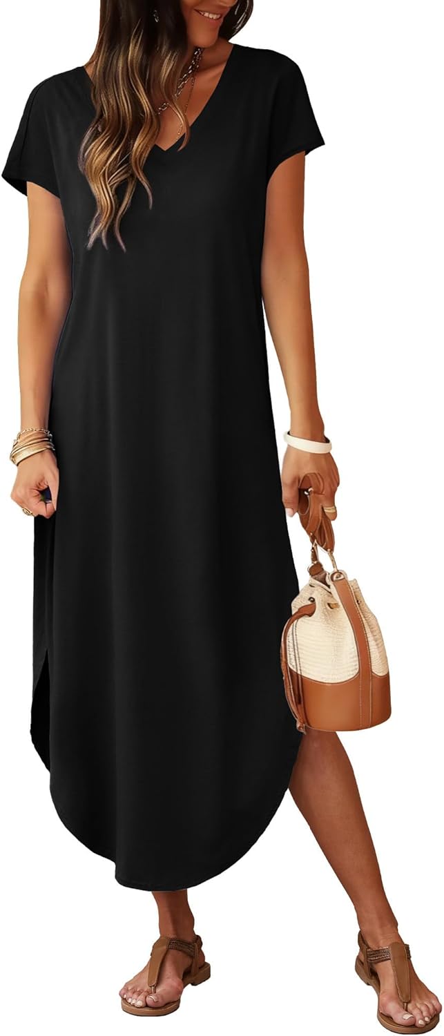 RUMIA Summer Casual Maxi Dresses for Women- Women's V Neck Cap Sleeve Long Sundress with Pockets Beach Vacation - Image 2