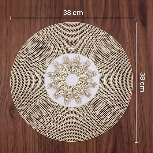 Image of Yellow Weaves 2 Pcs PVC Hollow Woven Design Table Placemat, Dining Table Mat, Anti-Skid, Washable, Dining, Kitchen, Restaurant Table Set Easy to Clean, Durable (Hollow Golden)