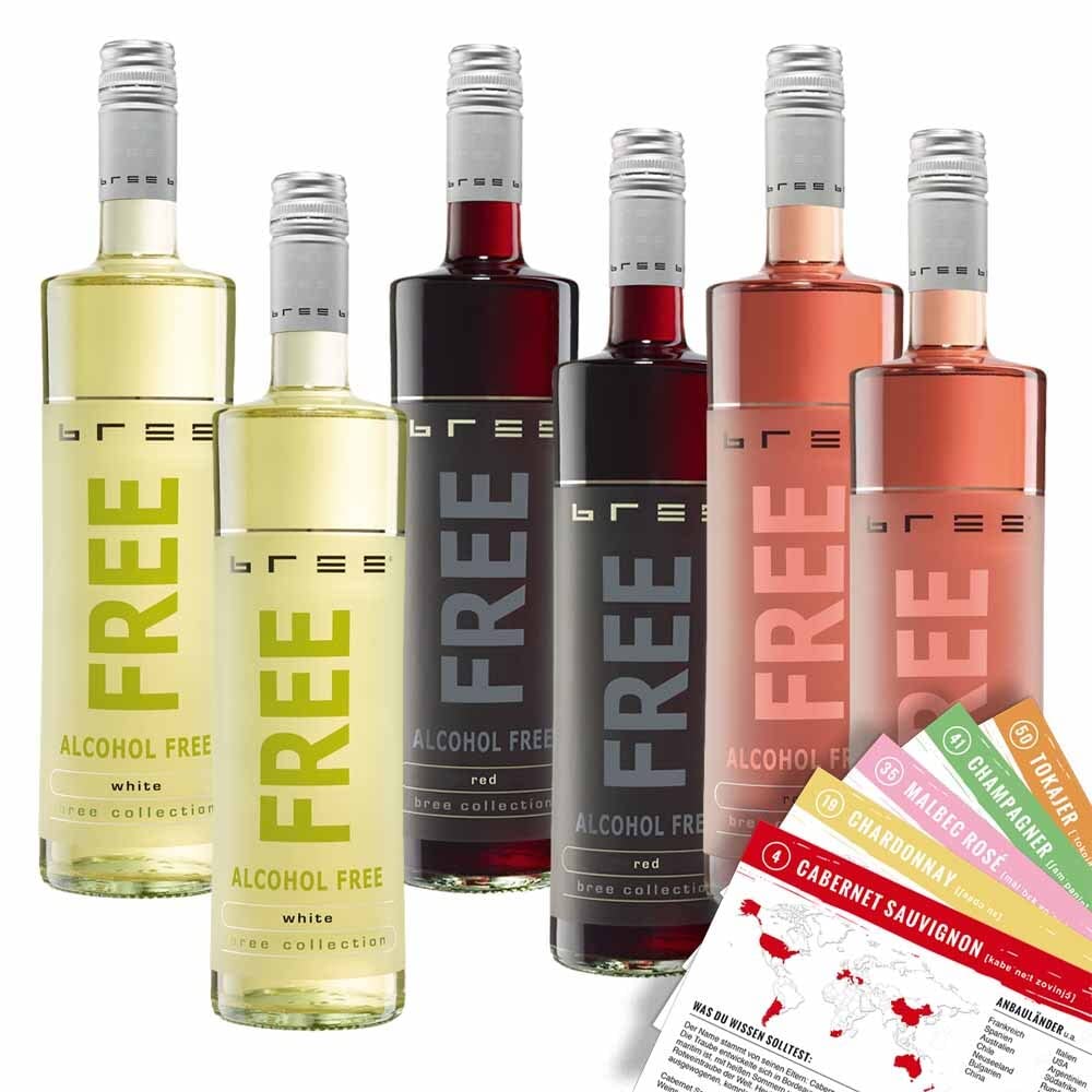 Bree Probierpaket Free, alkoholfrei, gemischtes Weinpaket + VINOX Winecards (6x0,75l)