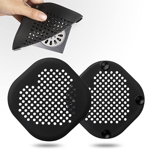 Paquete de 2 recolectores de pelo para desagüe de ducha, accesorios de baño negros, cubierta de drenaje de silicona duradera con ventosas para