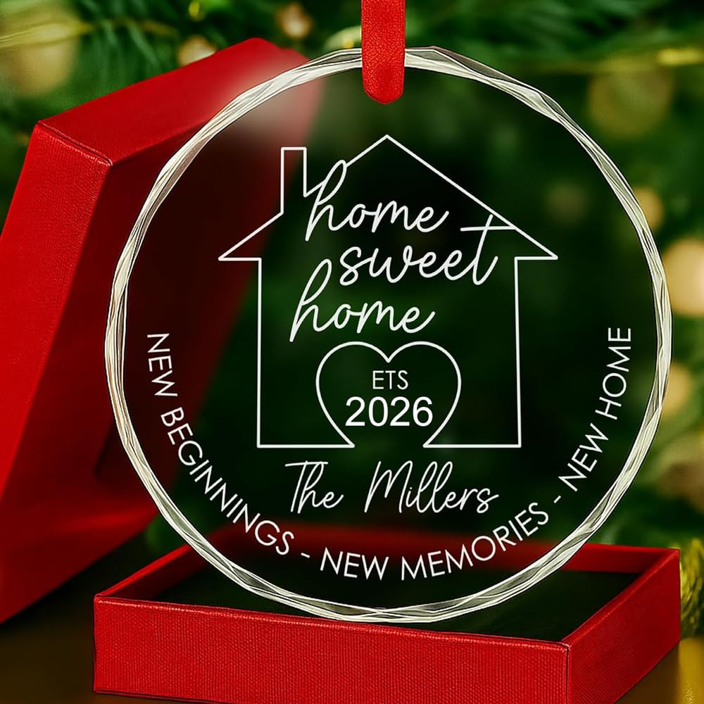 Personalized Home Sweet Home Crystal Ornament, Custom Family Names Newlywed Gift for Couple, First Year Glass Ornaments, Wedding Keepsake, New Beginnings Memories 1st Year Married Gift Ideas Couple