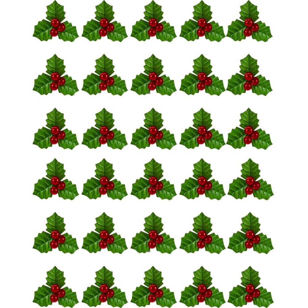 30pcs Christmas Small 3.7cm Artificial Leaf with Holly Berries Green Cherry for Christmas Wreath Decorations Christmas Tree Home Holiday Decoration