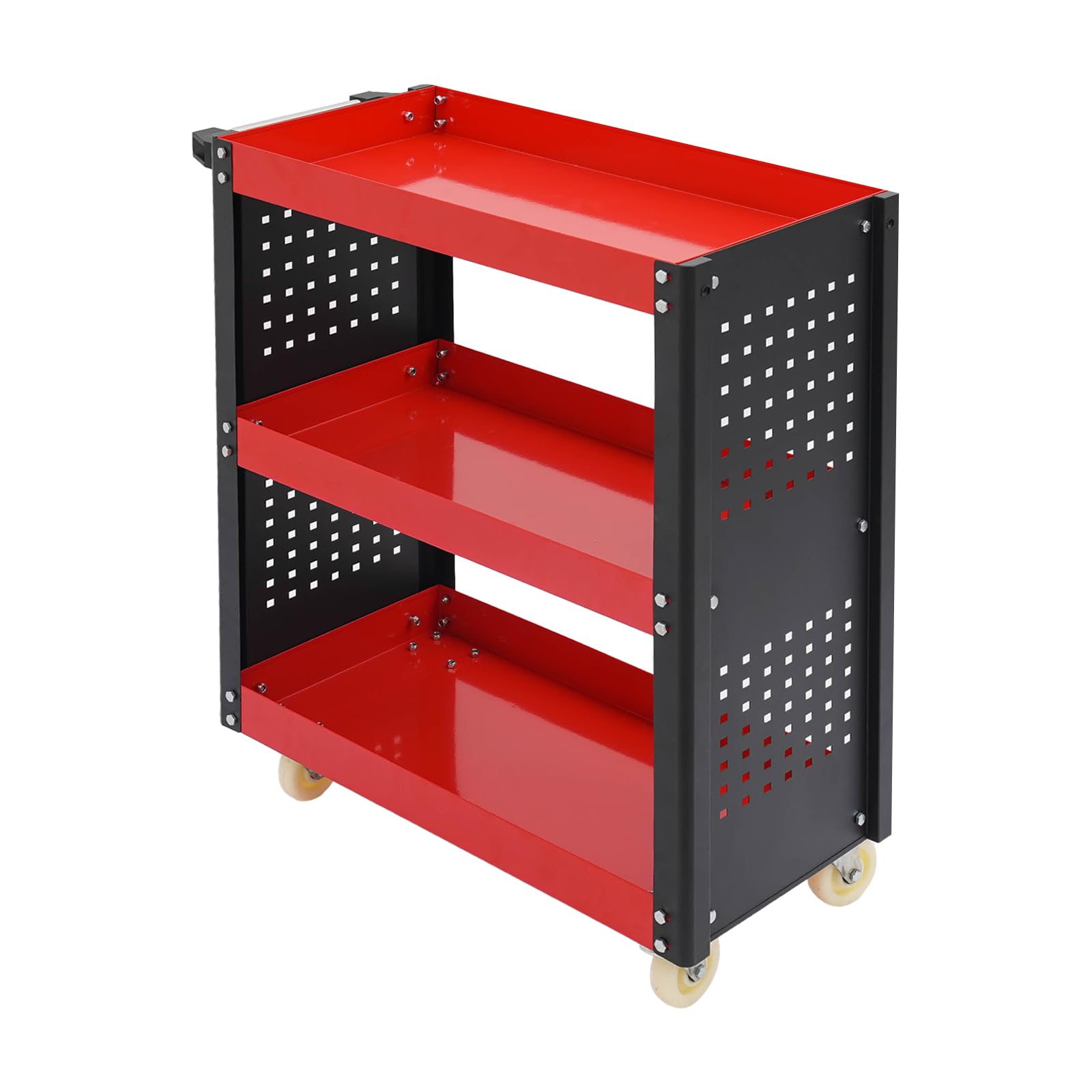 Carrello portautensili a 3 livelli in acciaio con ruote e parete forata | 3 ripiani, 4 ruote, 2 freni di stazionamento, maniglia laterale, 86,95 x 39 x 98,75 cm, officina, garage, magazzino