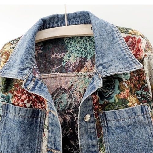 Women Flower Print Jean Jacket, 2025 Autumn Y2K Long Sleeve Button Down Lapel Cropped Denim Outerwear4