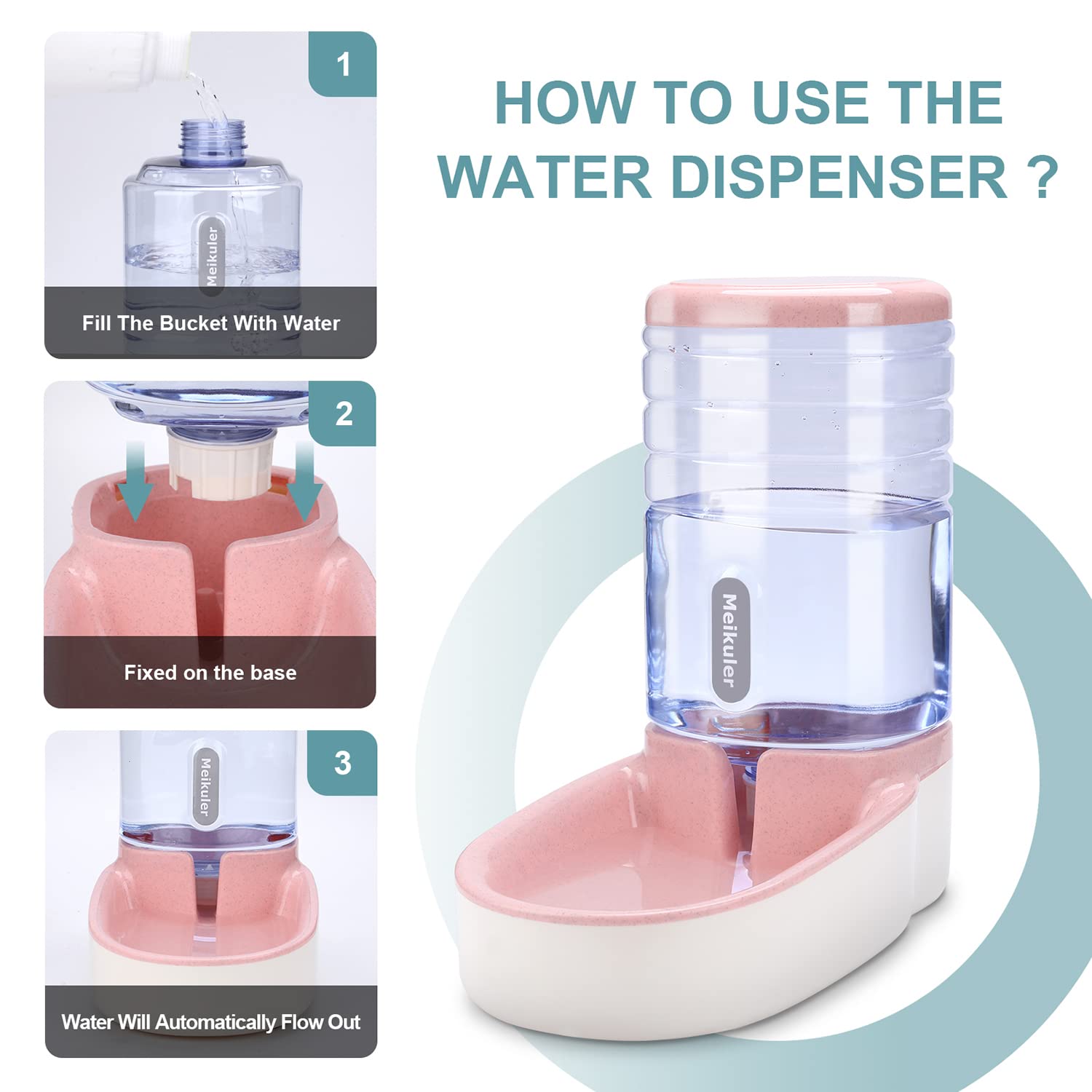 Distributore automatico di cibo da 3,8 l, con pala, dispenser di acqua da 3,8 l, mangiatoia per cani, gatti, animali domestici (rosa)