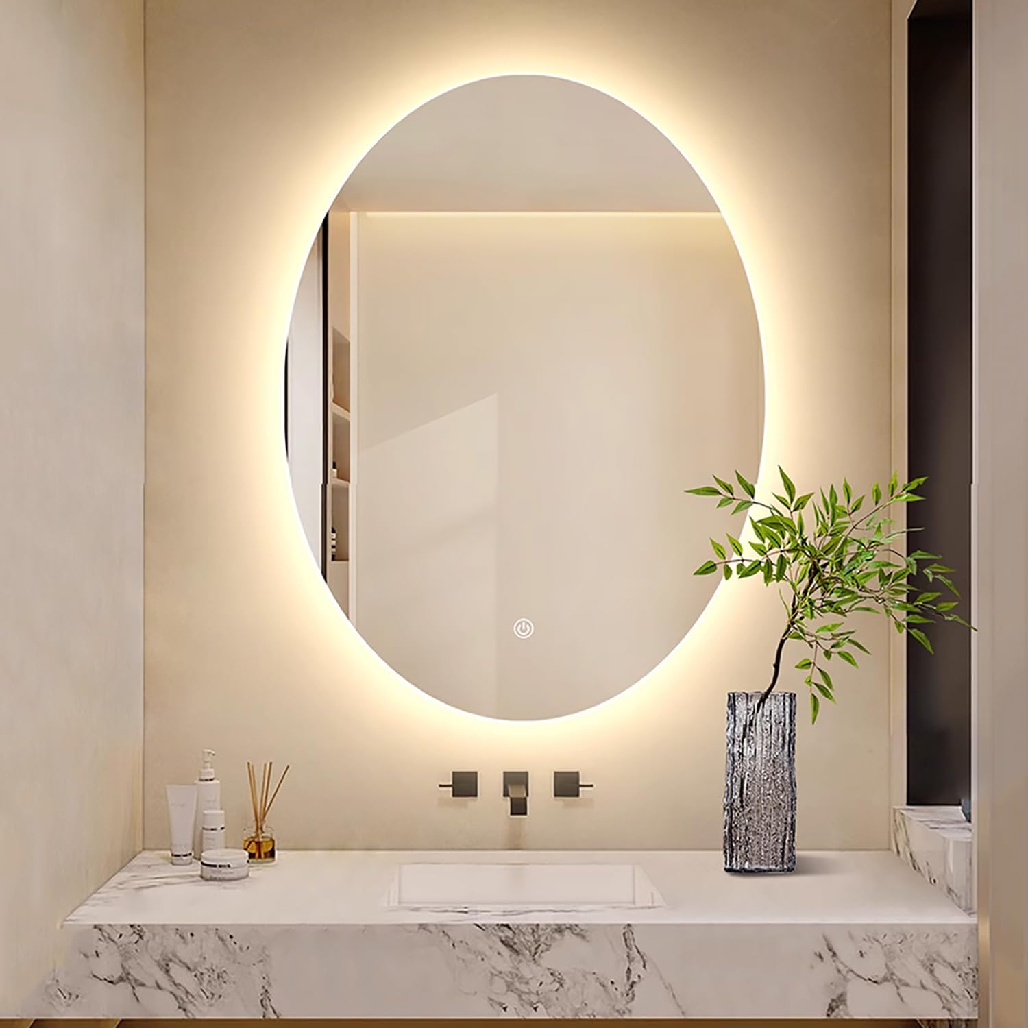 FGXHHS 32x24inch Wall Mounted Oval Lighted Fogless LED Vanity 3 Colors Light Backlit Frameless Shatter-Proof for Home Decor(70x90cm/28 x36)