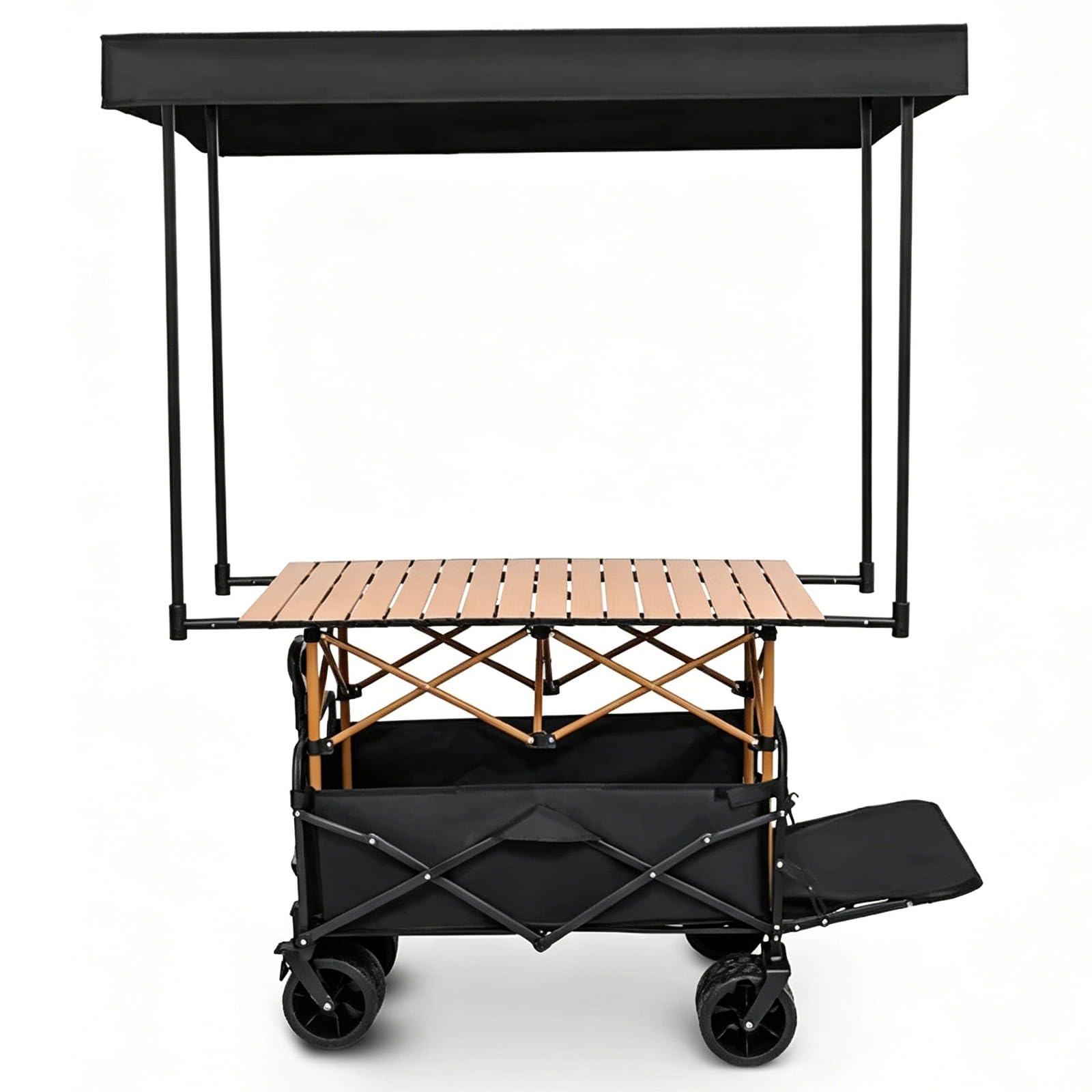 Carrello del venditore all'aperto per il mercato degli agricoltori, pieghevole con baldacchino, ruote e asta di trazione per cibo da strada ed eventi